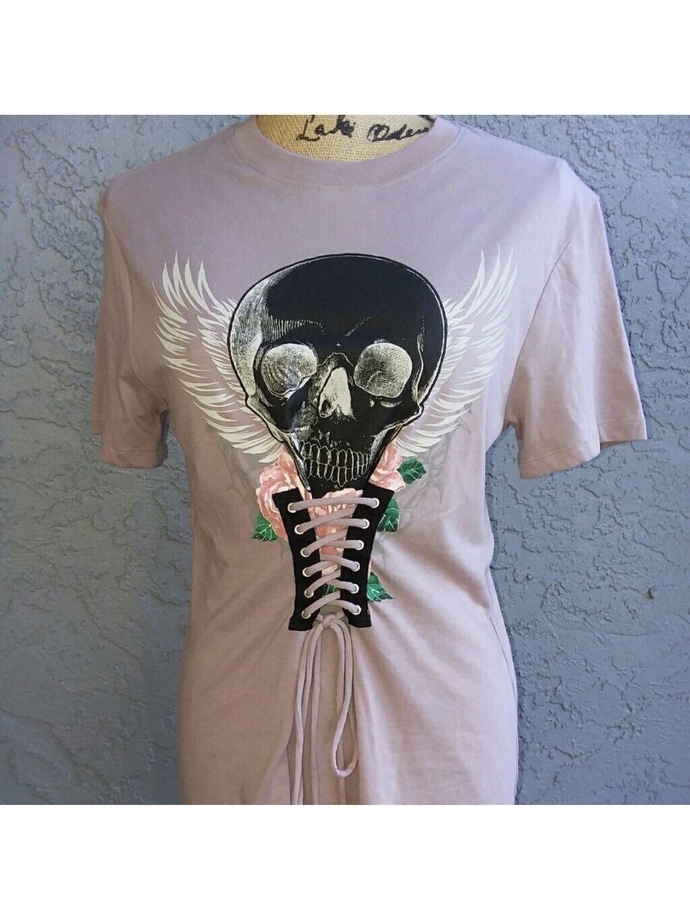 🌺COLD CRUSH CORSET LACE UP FRONT FLORAL SKULL GRAPHIC SHORT SLEEVE BIKER TEE